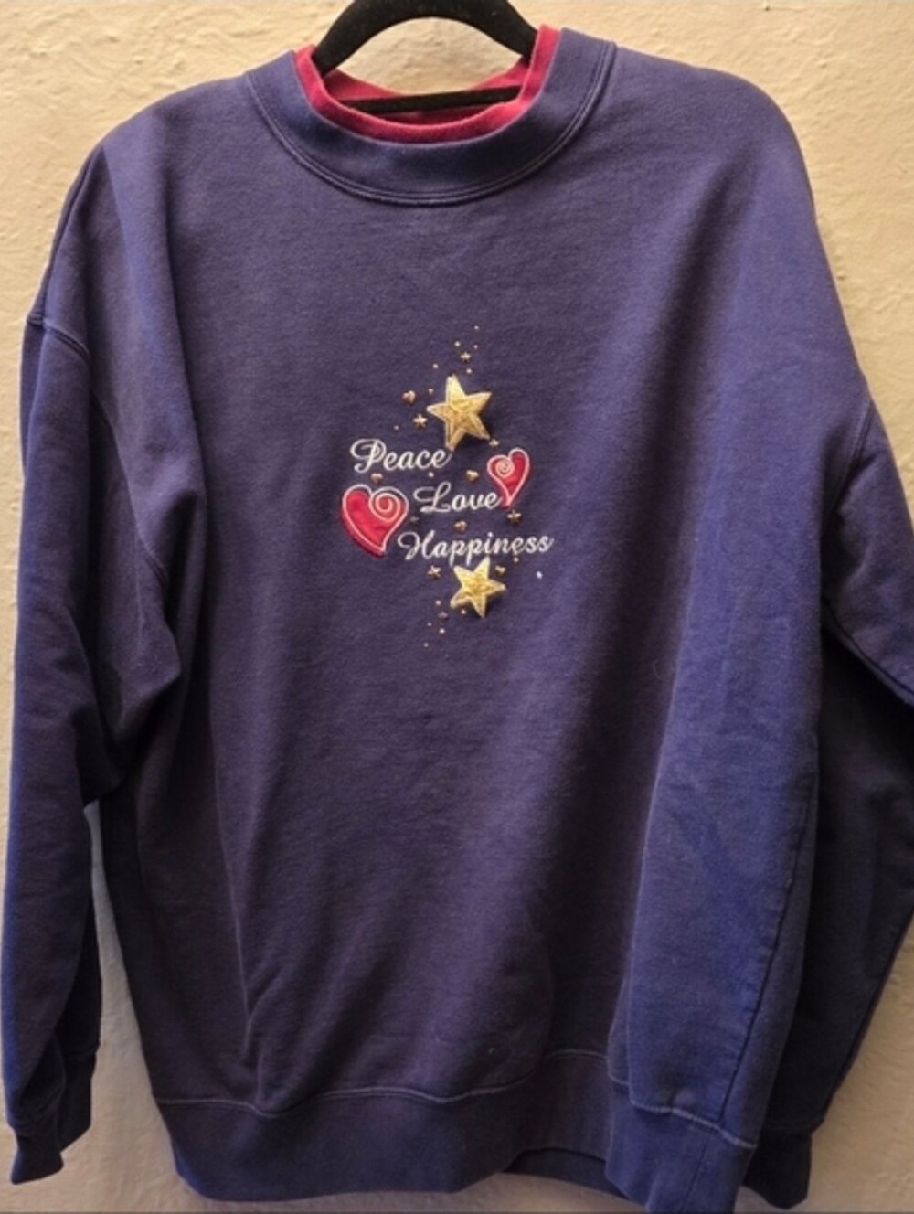 Vintage 90s Embroidered Sweatshirt Peace Love Hearts Stars Purple L